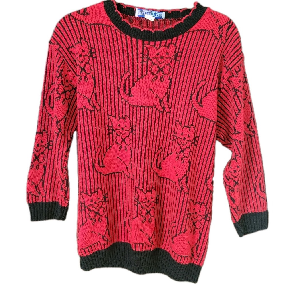 Vintage 80s Delivery Ltd Red Black Cat Motif‎ Sweater M Womens USA Made